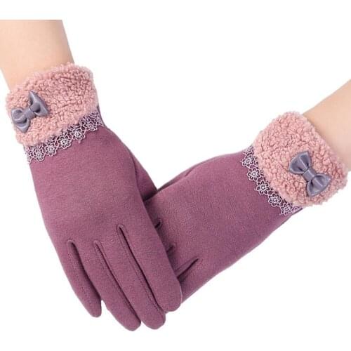 CHSDCSI Full Finger Mittens Wrist Guantes Gift Elegant Womens Touched Screen Gloves Winter Ladies Lace Warm Cashmere Gloves Bow