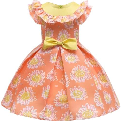 Girls Orange Flying Sleeve Flower Print Bow-knot Princess Dress 2021 Summer Formal Dinner Communion Dresses Childrens Clothing