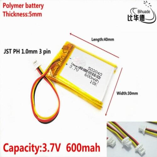 JST PH 1.0mm 3 pin 3.7V,600mAH 503040 Polymer lithium ion / Li-ion battery for tablet pc BANK,GPS,mp3,mp4