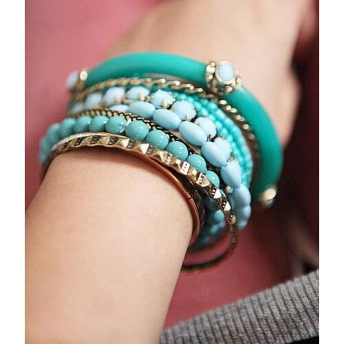 S260 Bohemian ocean wind green bracelet set fresh blue bead multi-layer bracelet Jewelry