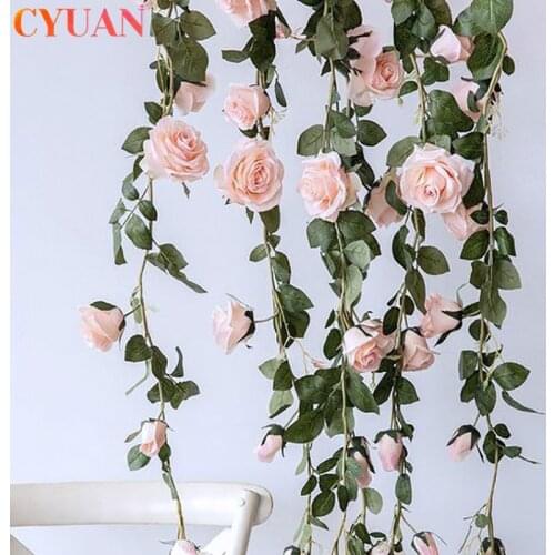 Silk Artificial Rose Flower Rattan String Vine Plants Leaves Wall Hanging Garland Wedding Tropical Party Home Garden Decorations