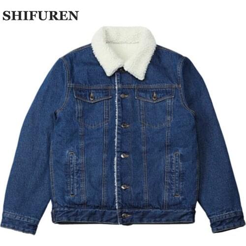 SHIFUREN Winter Denim Mens Jackets Long Sleeve Thick Warm Fleece Jeans Jacket Turn-down Collar Causal Male Overcoats jaqueta