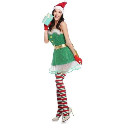 Adult Womens Green Sequin Cosplay Santa Claus Sexy Christmas Costumes Xmas Sexy Santa Dress Costume