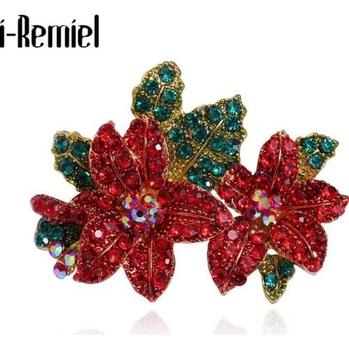 Metal Plant Enamel Pin and Brooch Red Rhinestone Flower Brooches Corsage Luxulry Wedding Jewelry Gifts for Women Accessories