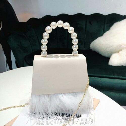 Womens Ostrich Fur Bag Pearl Handle Totes Handbags Crocodile Leather Bag Box Evening Bag Vintage Female Top-handle Purse