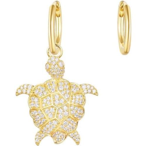 SLJELY Luxury 925 Sterling Silver Yellow Gold Color Asymmetric Sea Turtle Earrings Micro CZ Zircon Stones Women Brand Jewelry