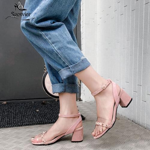 Sgesvier Summer Sandals Women Shoes Sexy Peep Toe Sandalia Mujer Party Lady High Chunky Heel Buckle Sandals Size 34-47 G502