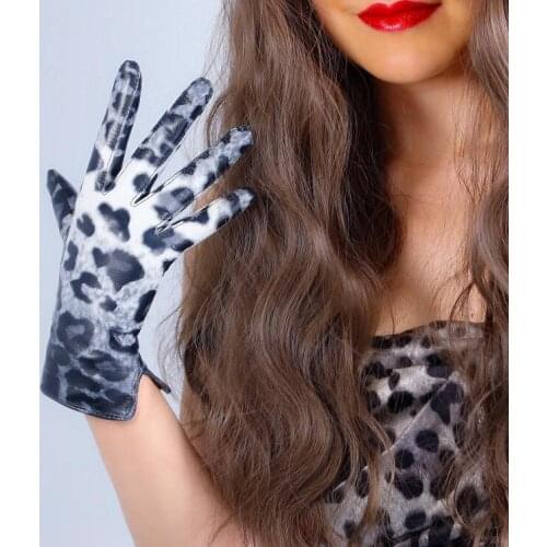 Womens natural sheepskin leather leopard glove female autumn winter warm leather driving glove R2883