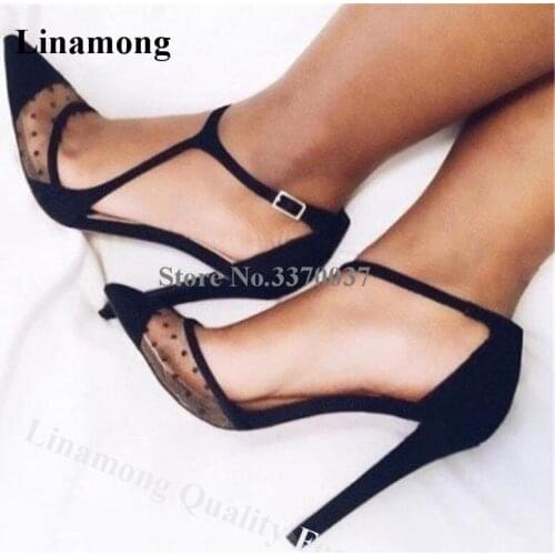Linamong Fashion Pointed Toe Mesh Stiletto Heel Pumps Black Suede Pointed Lace High Heels Formal Wedding Dress Shoes