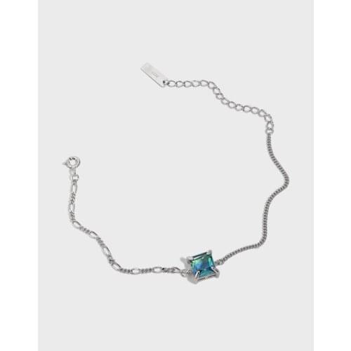 Minimalist 925 Sterling Silver Asymmetric Chain Bracelet For Women Hand Jewelry, Fashion Square Blue Crystal Bracelets Bangles