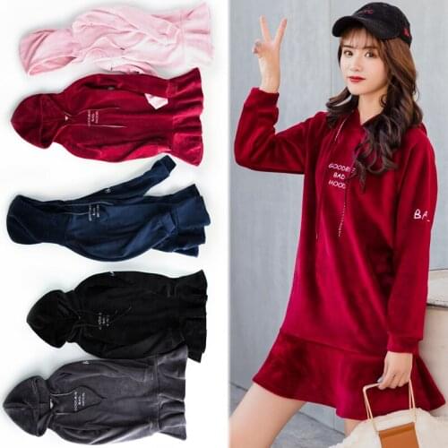 New Autumn Winter Fashion Letter Thick Velvet Sweatshirts Women Loose Velour Ruffles Trumpet Coats Hooded Long Sweatshirt Mw518