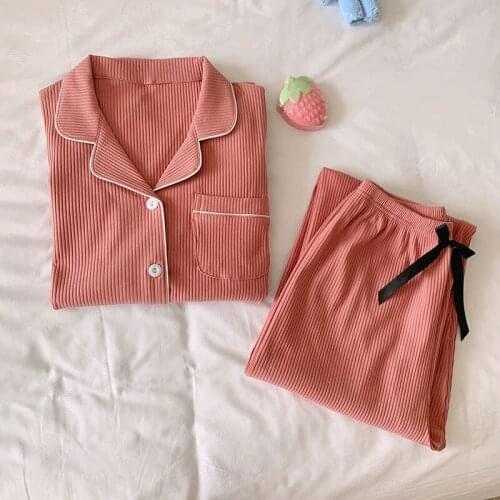 100% Cotton Women Pajamas Set Comfort Long Sleeve Spring Pajama Set Turn-down Collar Sleepwear Set Ladies Homewear