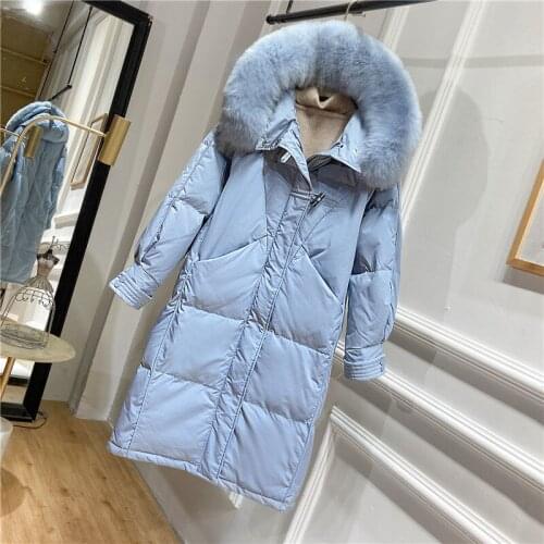 Women 2021 Winter New Long White Duck Down Coats Female Genuine Fox Fur Collar Hooded Overcoats Ladies Loose Down Jackets Q441
