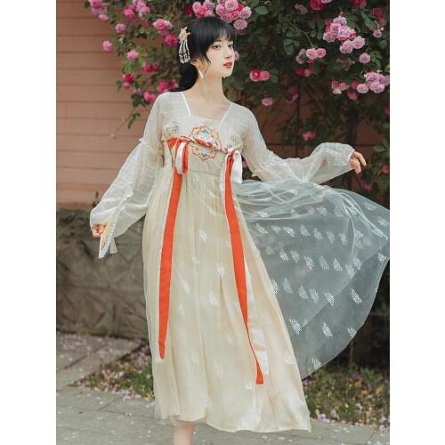 Summer New Style Chinese Style Retro Womens Hanfu Dress Literary Girl Style Mesh Embroidered Han Element Mid-Length Dress