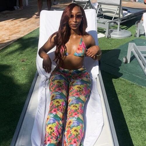 2021 Y2K Floral Print Two Piece Womens Set Suits Sexy Spaghetti Strap Bra Crop Tops Bodycon Pants For Ladies Trouser Suits Club
