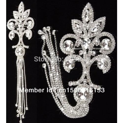 Free shipping 1pc stunning fancy clear crystal rhinestone applique trims with tassels dress shoulder costume sewing accessory