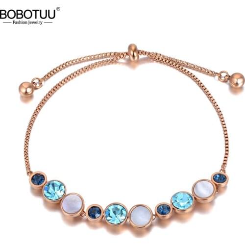 BOBOTUU 316L Stainless Steel Charm Bracelets For Women Bohemia Blue CZ Crystal Party Chain Adjustable Bracelet Pulseras BB20170