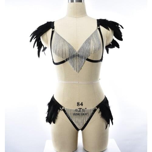 Feather Body Harness Silver bead chain Tassels Bondage Harness Bra Body Cage Black Sexy Lingerie Set Pastel Goth High Waist G-st