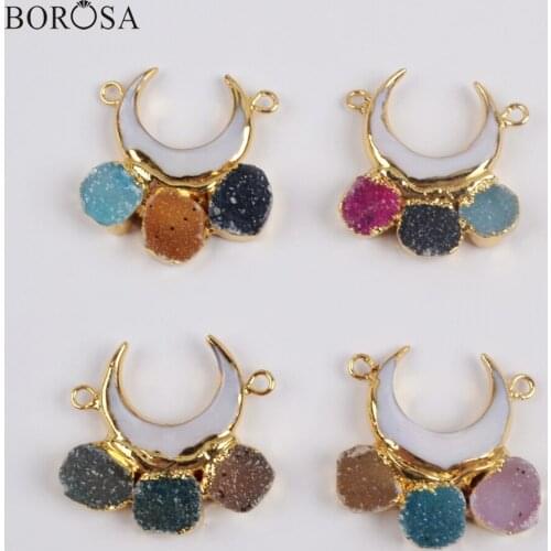 BOROSA 5Pcs 24" Crescent Gild Natural White Shell & Rainbow Agates Druzy Connector Mix Colors Drusy Shell Jewelry Necklace G1856