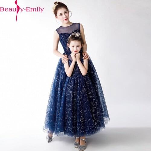 Elegant Deep Blue Flower Girl Dress 2020 Beauty Emily A-Line O-Neck Sleeveless Sequined Cheap Tulle Party Dress for Girl Kids