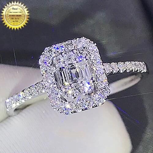 18K Au750 White Gold Wedding Party Engagement Ring Rectangle Emerald Victorian Moissanite Diamond Ring Trendy Cute Romantic