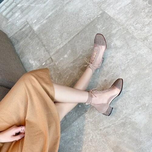 Fashionable temperament womens shoes tide rhinestone mid-heel lace-up boots mesh breathable thick heel womens boots Z559