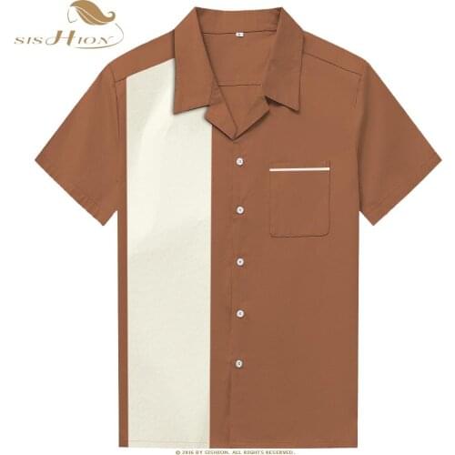 SISHION 50s Vintage Inspired Button Up Retro Men Shirt ST110 Red Brown Cotton Pocket Casual Shirts camisa masculina