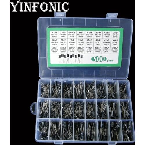 24value 500pcs Commonly used 10V-50V 0.1uF-1000uF DIP Aluminum electrolytic capacitors kit box for Repairing and experiment