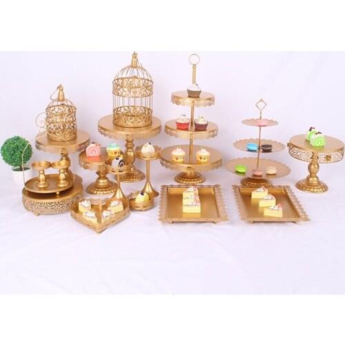 18 PCS GOLD PLATE WEDDING DESSERT TRAY CUPCAKE PAN CAKE DISPLAY TABLE DECORATION CRYSTAL CAKE STAND SET