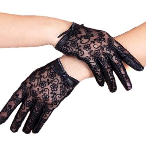 Autumn Winter Genuine Sheepskin Women Gloves Elegant Fashion Sexy Lace Black Mittens