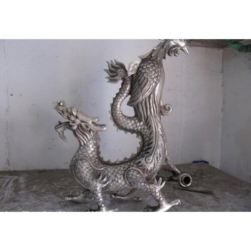 Song voge gem S0542 Chinese Royal White Copper Silver Luckly Auspicious Dragon Play Phoenix Statue
