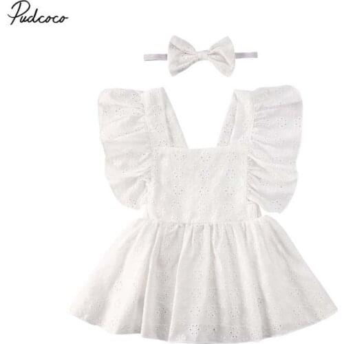 2020 Brand Princess 0-24M Newborn Infant Baby Girl Ropmer Dress Summer Flower Hollw White Princess Lace Clothes Headband Outfit
