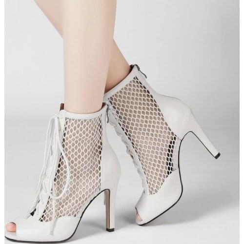 Women Shoes Mesh Sandals Peep Toe Sandals Fashion Thin High Heels Zipper Gladiator Ladies Shoes Black White Apricot