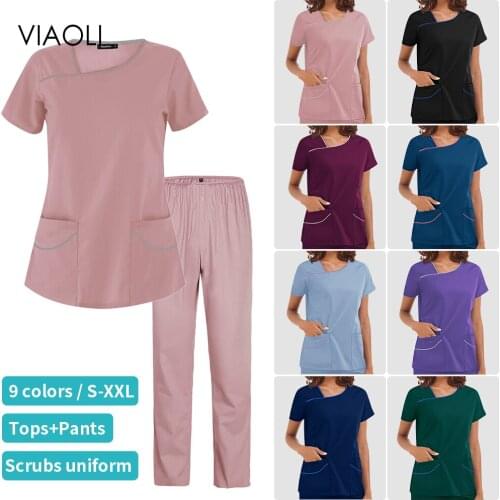 Nurse Uniform Short Sleeve V-neck Scrubs Women Tops Doctor Work Uniform Solid Color Pocket Blouse Overalls Clinic Nurse Uniforms