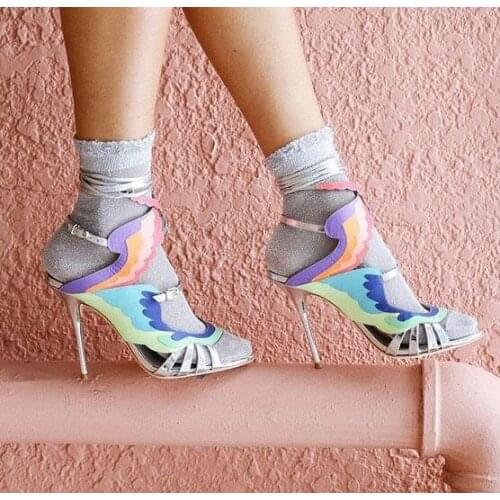 Ladies Colorful Leather Strap Wing Sandals Cut Out Style Lace Up High Heels Sexy Dress Stiletto Women Peep Toe Stage Shoes