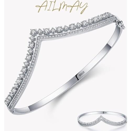 Ailmay Authentic 925 Sterling Silver Fashion Crown Full AAAA Zircon Bracelets For Women Wedding Engagement Fine Silver Jewelry