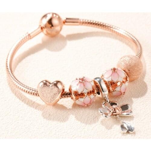 Authentic 925 Sterling Silver Original Rose Harmonious Hearts Pan Bracelet Set Clear CZ Fit Women Bangle Charm DIY Jewelry