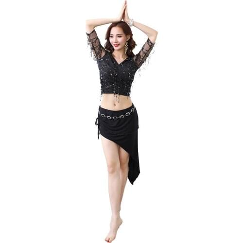 NEW 2pcs Set Top Skirt Sequins Dance Training Costume Oriental Belly Dance Costumes Women Dance Class Wear 3pcs Top Scarf Pants