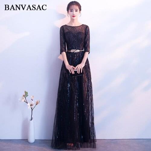 BANVASAC Illusion O Neck Sequined A Line Long Evening Dresses Party Three Quarter Sleeve Metal Leaf Sash Prom Gowns
