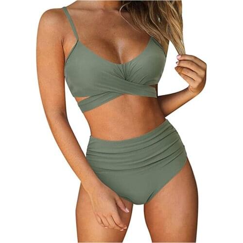 2021 Fashion New Swimsuit push up Bikini Split Sexy High Waist Swimsuit Pure Color Cross Swimsuit plus size womens