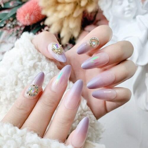 24pcs/box Purple Jade Into Smoke Gradient Purple Long White Lasting Bride Nail Patch press on nails with design acrylic products