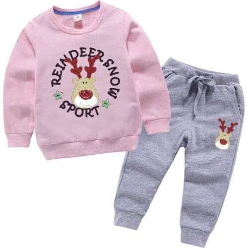 Kids Outfits Girl 18M to7 Years Prints Deer Soft Sweatershirt Pants Pullover Spring Autumn Solid Boy Clothes Set Childrens Suit