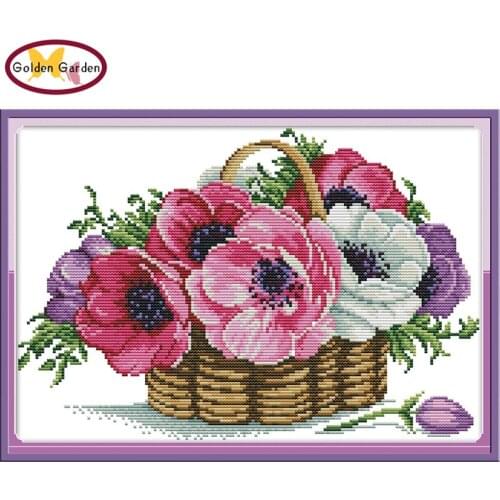 GG A Basket of Flowers Counted Cross Stitch 11CT 14CT Embroidery Needlework Kit Joy Sunday Cross Stitch Set for Home Decor