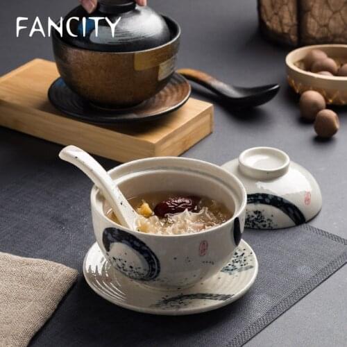 FANCITY Ceramic stew pot, home creative stew pot with lid, dessert bowl, sugar water bowl
