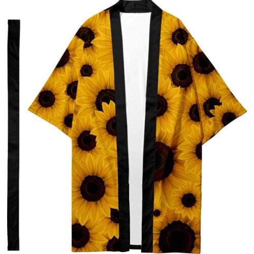 Sunflower Printed Long Style Kimono Beach Cardigan With Belt Japanese Couple Women Men Casual Asian Clothes Harajuku