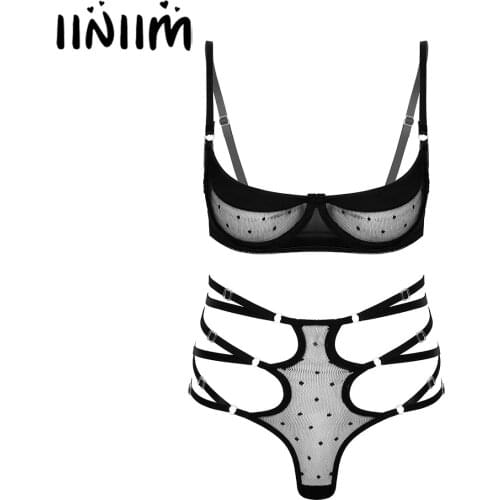 Women Two-piece See-through Mesh Lingerie Set Underwear Nightwear Underwire Unlined Bra with Strappy G-string