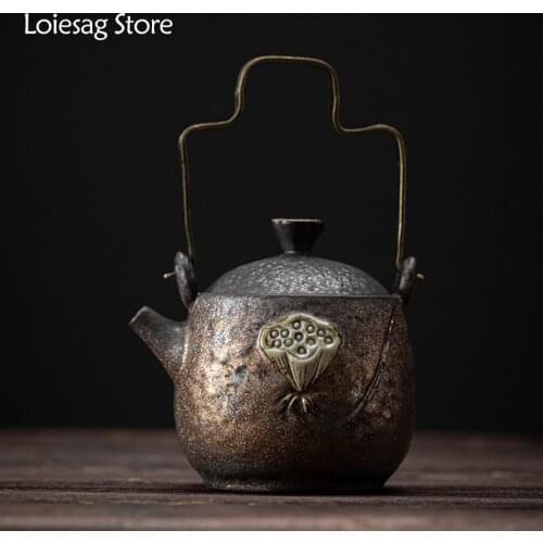 Loiesag 220ml Japanese Style Gilt Iron Glazed Zen Lotus Tea Pot Ceramic Kung Fu Teapot Retro Hand Mention Pot Bubble Tea Device