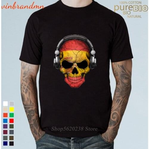 Mens Fashion T Shirt Dark Skull Deejay with Spanish Flag Printed Tee Tops Male 100% Cotton Short Sleeve Spanish DJ Skeleton Tee