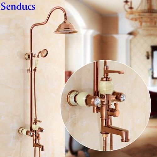 Senducs Rose Gold Jade Bathroom Shower Set Of Quality Brass Bowlder Bathroom Shower Faucet Rainfall Shower System 8 Inch Shower