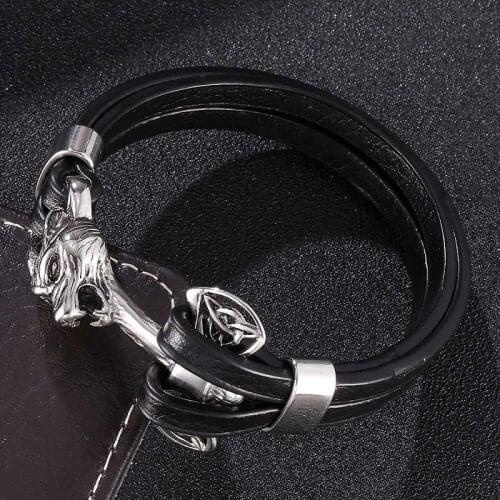 Newest Punk Multilayer Leather Men Charm Bracelets Stainless Steel Wolf Head Buckle Male Wrist Band Fashion Hand Chain ST780